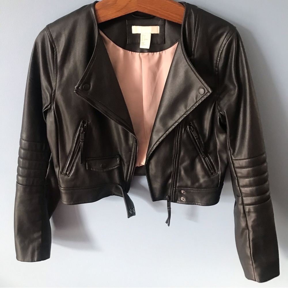 H&M juniors black faux leather zip up moto jacket size 4 - Picture 4 of 12